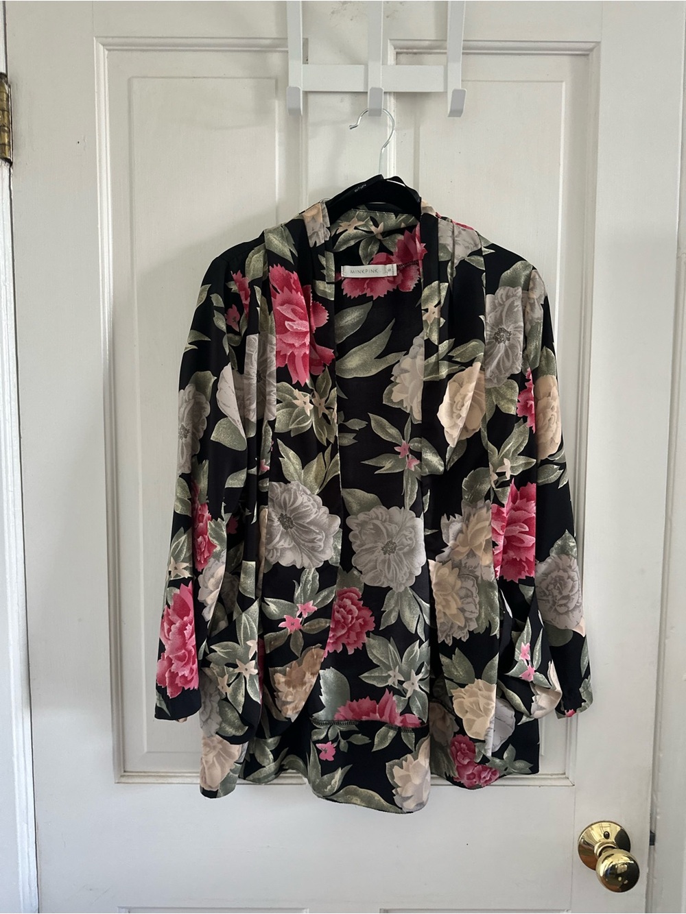 MINKPINK Black Floral Open Cardigan with Pink & Cream Blooms